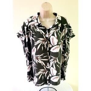 C by ONE Women's Hawaiian-print Cap-sleeve Button front Collared Shirt-Sz 2X